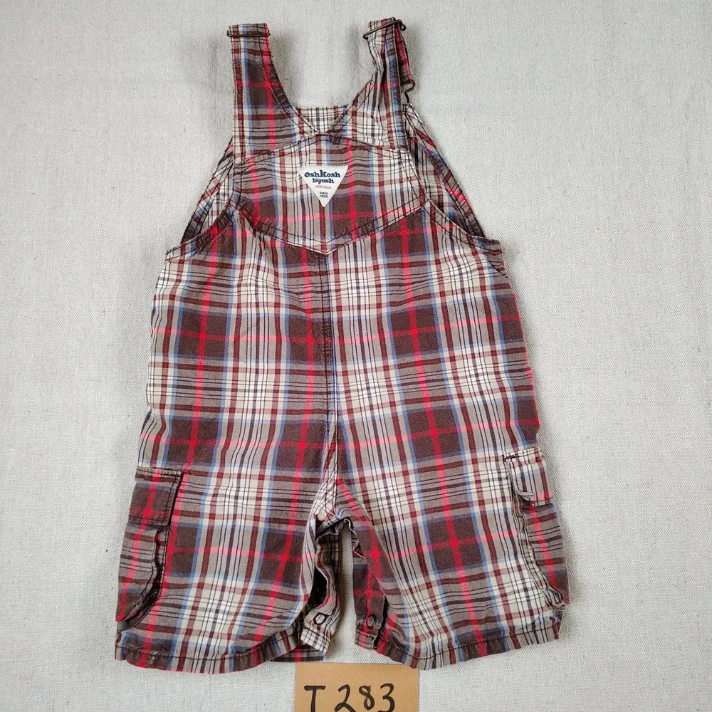 OshKosh Bgosh 24M Plaid Cargo Shortall Overalls Brown Red Blue Cotton